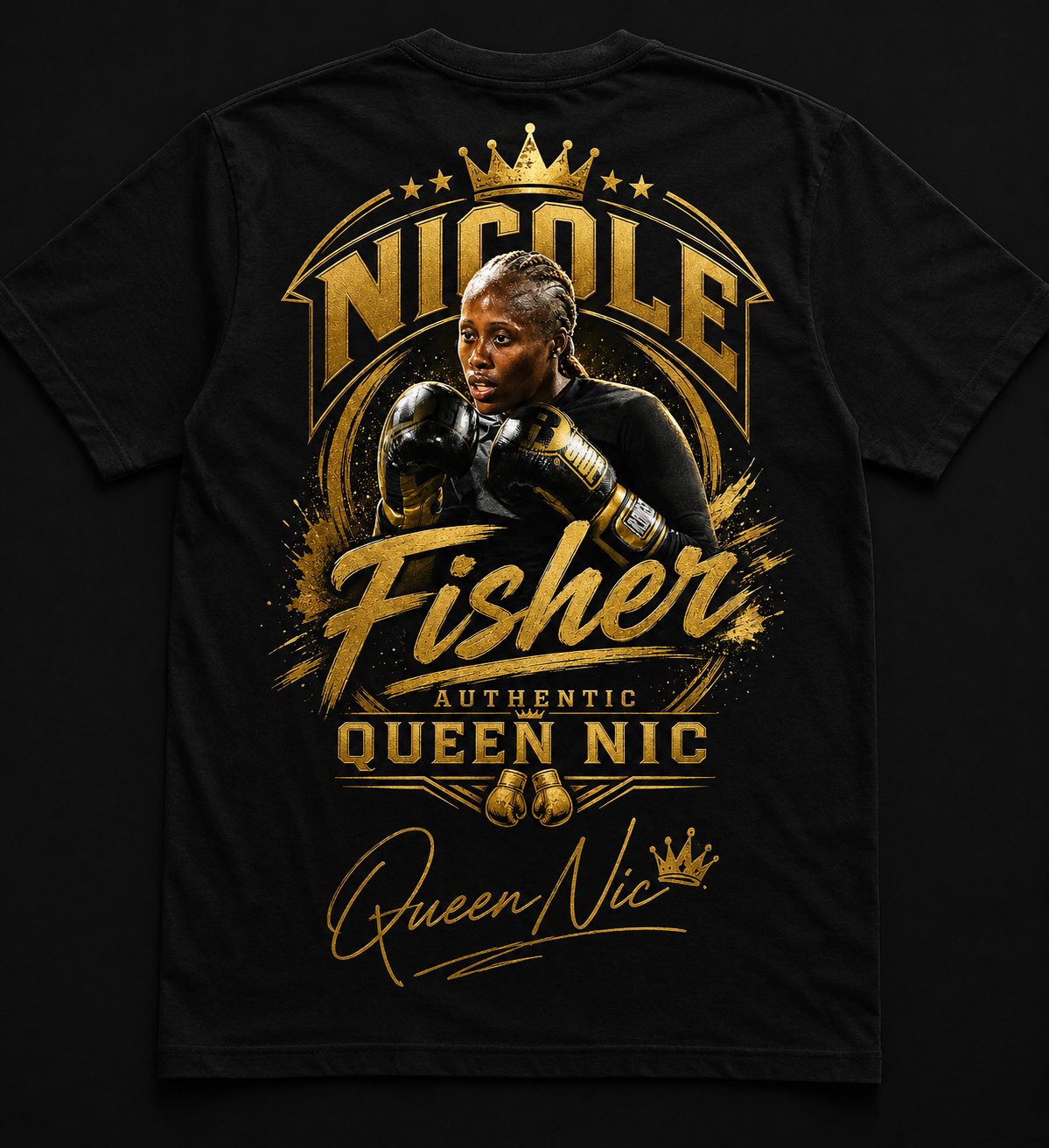 Black and gold "Authentic Queen Nic" official fight shirt